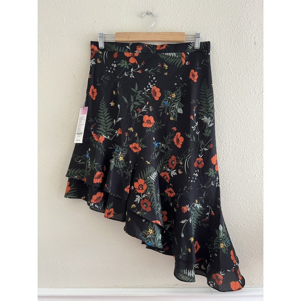 Alisa Pan New Asymmetrical Ruffle Black Floral Skirt Sz 12 (smaller) Whimsigoth
